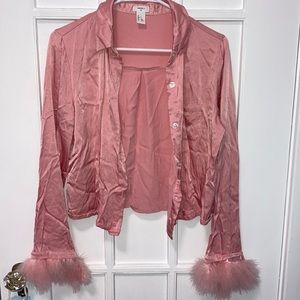 pink cropped collared shirt flare faux fur